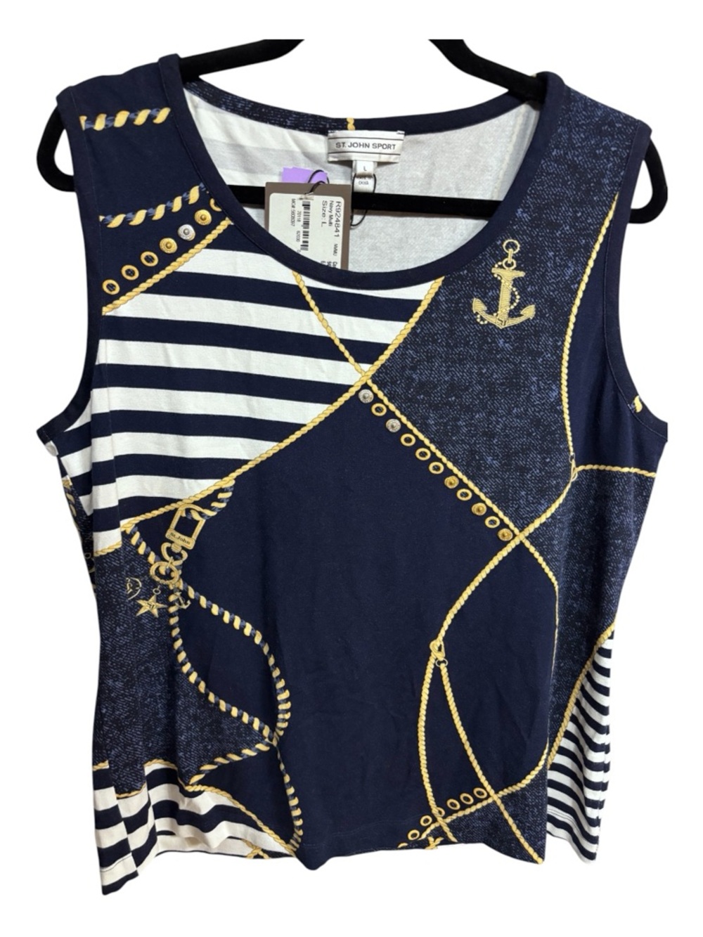 NWT St John Sport Navy, White & Gold Nautical Rope Print Sleeveless Top Sz L